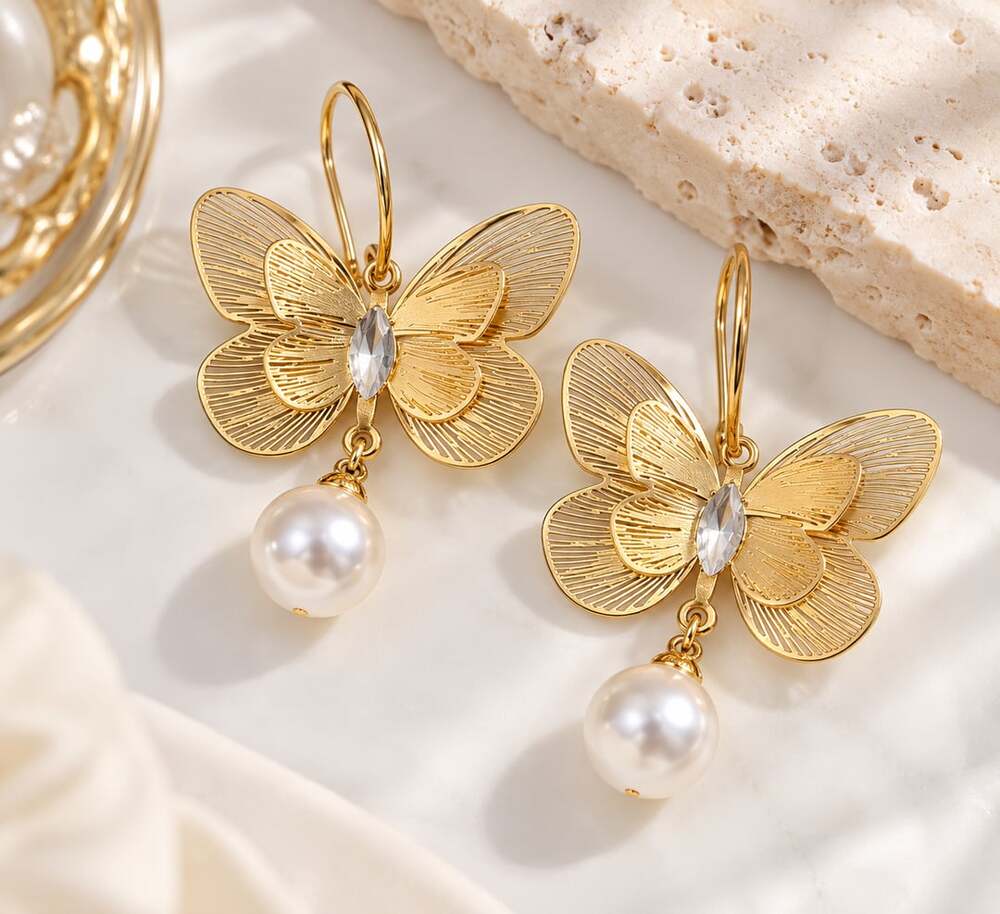 Gold Butterfly Pearl Drop Earrings Crystal Statement Dangle Earrings